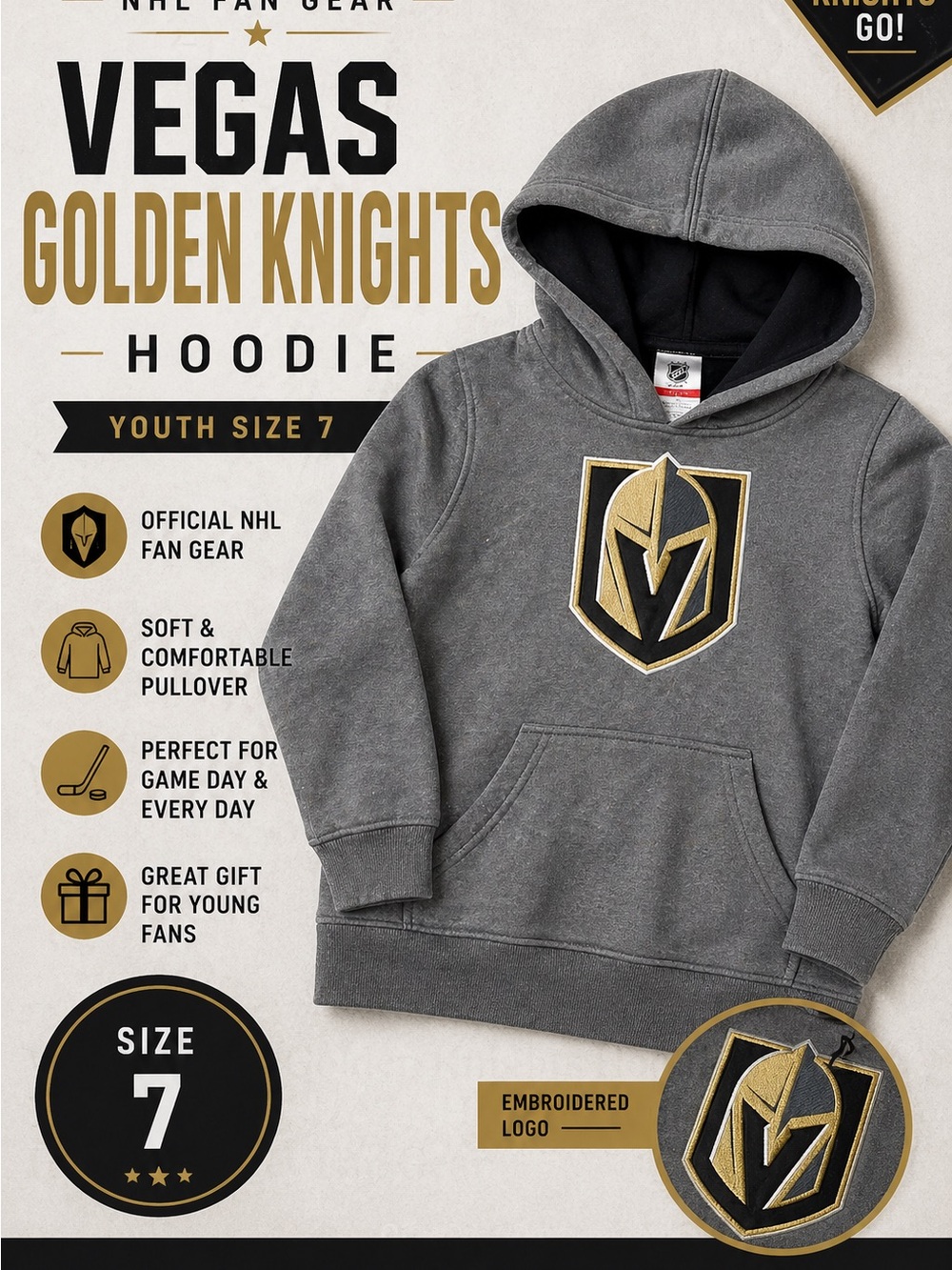 Vegas Golden Knights Youth Hoodie 7 NHL Gray Pullover Kids Large Hockey Fan Gear